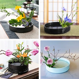 YUYAKESHI Flower Vase, Flower Arrangement, Flower Arrangement, Japanese Style Tabletop, Plate, Ohara Style, with Kenzan (Black, Oval Shape 10.0 inches (25.5 cm)
