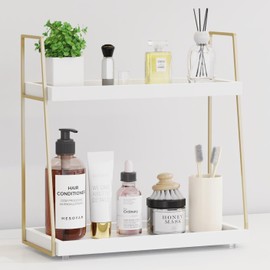 Bathroom Countertop Organizer, Counter Organizer for Bathroom Sink, Wooden Vanity Organizer Shelf for Makeup Storage, 2 Tier Stand Organizer Tray for Countertop, Toilet, Restroom Corner (White+Gold)