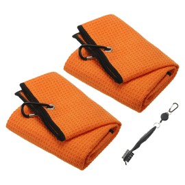 PATIKIL 24"x16" Golf Towels Golf Microfiber Waffle Pattern Towel Set Club Groove Cleaner Brush for Men Women, Orange Towel