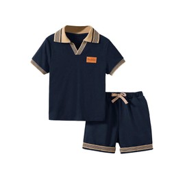 Floerns Boy's 2 Piece Outfit Striped Trim Short Sleeve Shirts and Shorts Set Dark Blue 11Y