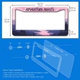 2PCS Pink Adventure Awaits Pattern License Plate Frames for Girl Women - Universal Aluminum Stainless Steel Car Tag Covers Holder with Screws, Caps, Rattle Proof Pads and Handlebar Stickers