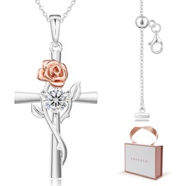 KRKC&CO Moissanite Rose Cross Necklace, 925 Silver, Romantic Gift for Her