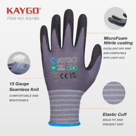 KAYGO 3 Pairs Safety Work Gloves MicroFoam Nitrile Coated, KG18N,Seamless Knit Nylon Glove with Black Micro-Foam Nitrile Grip,Ideal for General Purpose,Automotive,Home Improvement