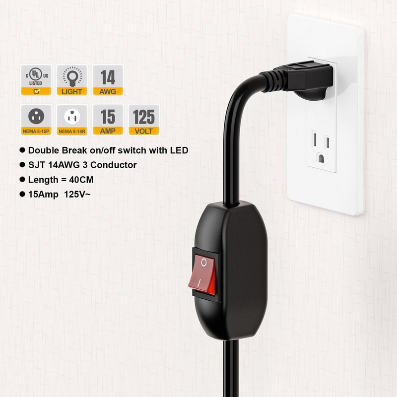 Inline On/Off Switch Extension Cord, Plugrand 3-Prong Household Switchable Power