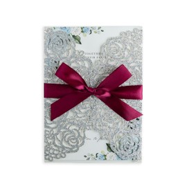 ponatia 25PCS Silver Glitter Wedding Invitations Cards Laser Cut Hollow Rose With Burgundy Ribbon For Bridal Shower Engagement Birthday Graduation Invite