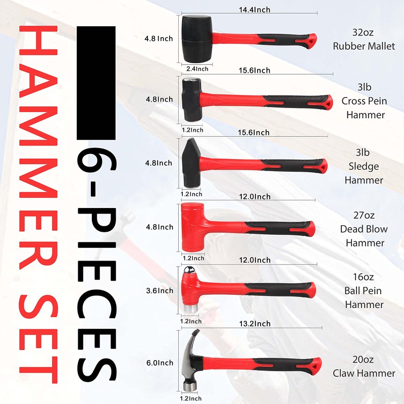 C&T 6-Piece Hammer Set, Fiberglass Handle & Mallet Set, Metal