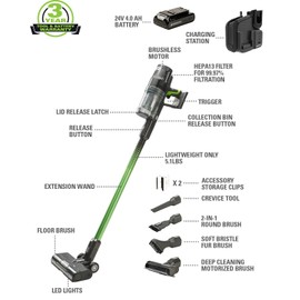 Greenworks 24V Deluxe Brushless (500W) Cordless Stick Vacuum, Ultra Lightweight, LED Lights, 4Ah USB-C Battery and 30-Minute Super Charger Included (Green)