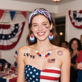 UQJE 8Pcs 4th of July American Accessories Flag Sequin Headband with Patriotic Earrings, Red White Blue Necklace and Fourth of July Temporary Tattoos