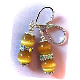 Khaki Cat Eye And Crystal Drop Earring Sp Leverback Handcrafted Adorable Statement Jewelry Earrings for Women