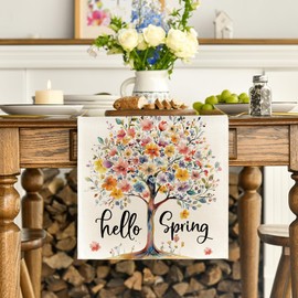 Bloom Flower Tree 210 GSM Hello Spring Table Runner, Seasonal Summer Kitchen Dining Table Decoration for Home Party Decor 13x48 Inch
