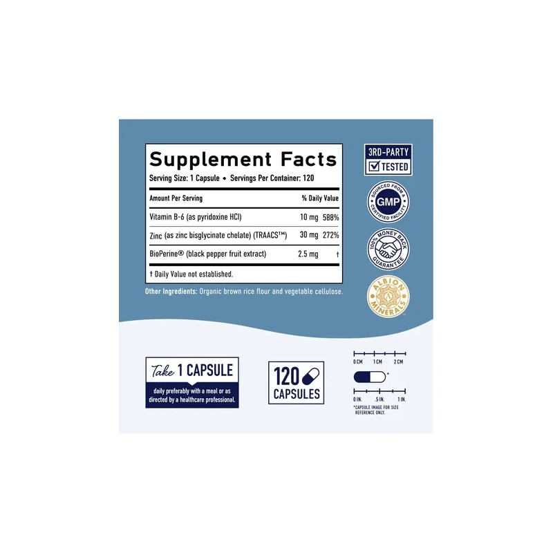 Zinc Glicinato 30 Mg Traacs, 120 Cpsulas, Bioperine Y B6