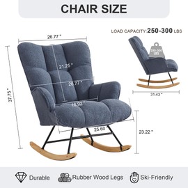 Zedachica Rocking Chair Nursery Teddy Upholstered Glider Rocker Rocking Accent Chair Padded Seat with High Backrest Armchair Comfy Side Chair for Living Room Bedroom Offices (Dark Blue Teddy)