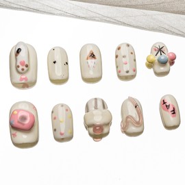 Sun&Beam Nails Handmade Nail Tips Short Square White Pink Colorful False Nails 3D Dots Glossy Design Fashionable False Nail Pack of 10 (#185 XS)