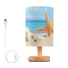 YYZZH Table Lamp Ocean Beach Starfish Seashell Stone Blue Sky Nightstand Lamp with Wood Base Fabric Lamp Shade Bedside Desk Lamp for Living Room Bedroom Kids Room Office