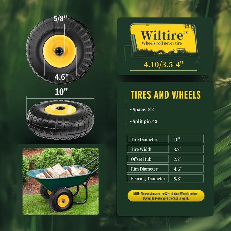 Wiltire (2 Pack) 4.10/3.50-4 Flat Free Tire and Wheel 10-Inch
