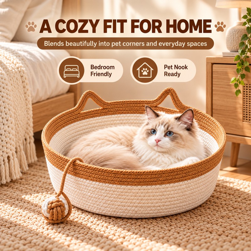 Interactive Woven Cat Bed with Toy Tail – 3-in-1 Cotton
