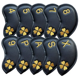 10pcs Golf Iron Covers 4 Leaf Clover Golf Iron Head Covers Synthetic Leather Golf Iron Covers Set Iron Headcovers Golf Club Head Covers for Iron Wedges fits for All Brand (Gold Clover-Black Base)