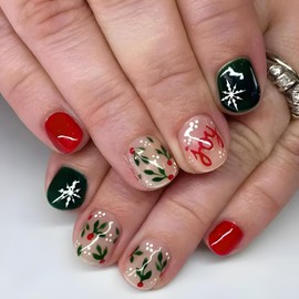 24Pcs Christmas Holly Press on Nails Short Square Xmas Fake Nails with Holly Snowflake Designs Christmas Nails Press ons False Nail Glossy Red Dark Green Stick on Nails Full Cover Artificial Nails