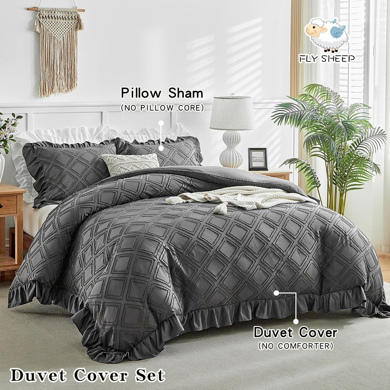 Tufted Ruffle Duvet Cover Set King Size, 3 Pieces Vintage