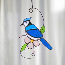 Blue Jay Stained Glass Bird suncatcher Indoor Window Flower Stained Glass Window hangings Blue Bird Art