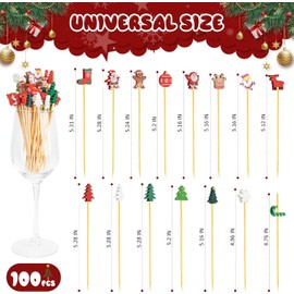 100 Pack Christmas Cocktail Picks Party Supplies, 15 Kinds of Toothpicks for Appetizers, 5.1 Inch Natural Bamboo Tree Cocktail Picks Charcuterie Drink Stirrers Skewers Holiday Decorations Decor