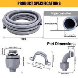 Wocloer 1/2 inch 150 Foot Liquid-Tight Conduit and Connector Kit, Flexible Non Metallic Electrical Conduit, With 10 Straight and 10 Angle Fittings and Pipe Strap