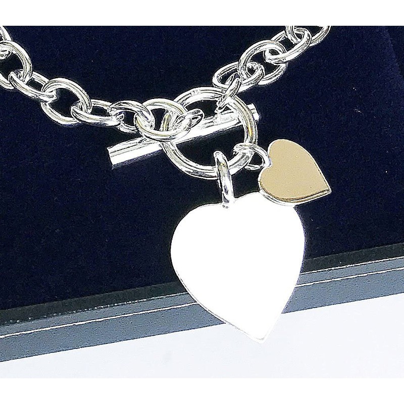 Sterling Silver Bracelet with Double Heart Tag with Bars and
