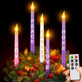 5 Pcs LED Flameless Advent Candle Set Christmas Advent Candles with Words Hope Peace Love Joy Christ and Remote Purple Pink White Taper Candles for Church Advent Wreath (Simple with Words and Remote)