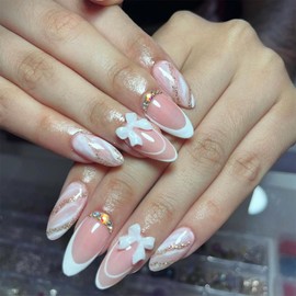 White French Tip Press on Nails 3D Bow Charm Fake Nails Gradient Marble Acrylic Nails with Rhinestones Glue on Nails Long Almond Stick on Nails for Women DIY Ballerina Manicure