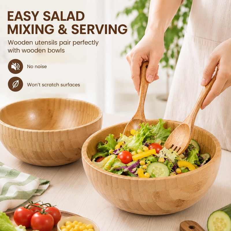 2 Sets Wood Salad Bowl with Spoons Forks, Large Natural