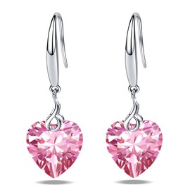 Heart Dangle Earrings 925 Sterling Silver 10mm Heart Cubic Zirconia Drop Earrings for Women, White Gold Jewellery Gift for Girls (Pink)