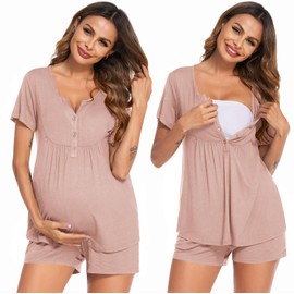 Ekouaer Women's Maternity Nursing Pajama Sets Short Sleeve Postpartum Pajamas Breastfeeding Pregnancy Clothes Dusty Pink S