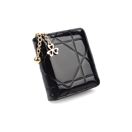 PLEGOOD Women's Bifold Quilted Wallet, Black, Shiny, Foldable, Simple, Black