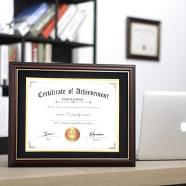 ELSKER&HOME Diploma Frames 11x14 with Mat- Solid Cherry Wood - Display 11x14 Document/Certificate with Mat or 15x18 without Mat - Wall Mount Display (Double Mat, Black Mat with Golden Rim)