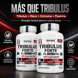 Tribulus Terrestris para Hombre TESTROL, Fórmula Herbal 4 en 1, 1800 mg Totales por Porción con 1500 mg de Tribulus, Maca Orgánica, Cúrcuma y Piperina