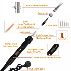 Soldering Iron Kit,80W LCD Adjustable Temperature Soldering Iron Gun Kit 180-520°C,15 in 1 Electric Welding Tool,Solder Wire,5 Soldering Tips,Desoldering Pump,Wire Stripper Cutter,Stand,Tweezer