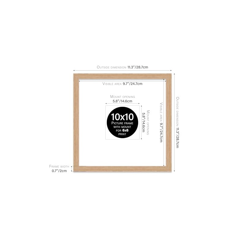 10x10" Square Picture Frame, Display Pictures 6x6" With Mat or