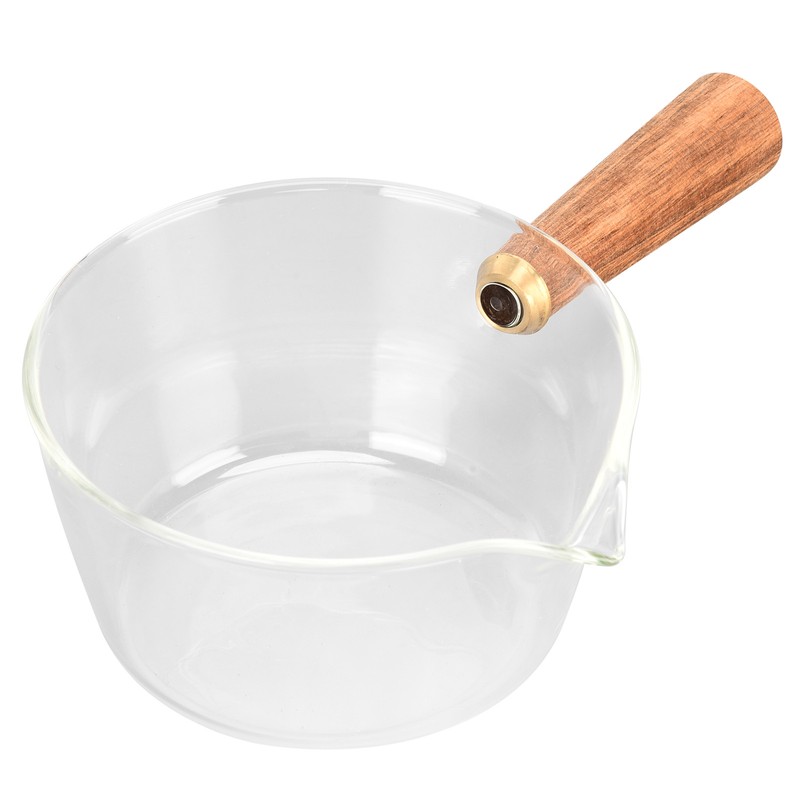 Glass Milk Pot with Wooden Handle V Shaped Spout Noodles