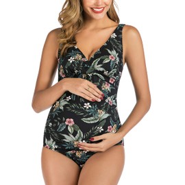 EastElegant Maternity Floral Swimsuits One Piece Bathing Suits V-Neck Pregnancy Swimwear Bikini (Black, Large)