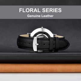WOCCI 22mm Flower Watch Band for Women and Men, Genuine Leather, Quick Release Strap, Rose Gold Buckle (Black)