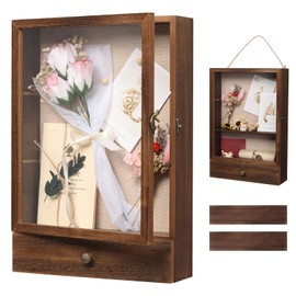 Wishtofly Shadow Box Frame 3" Deep, 11x16 Shadow Boxes Display Cases with Removable Shelves and Drawers, Wooden Memory Frames for Pictures, Flowers, Pet Memorial, Wedding Bouquet, Brown