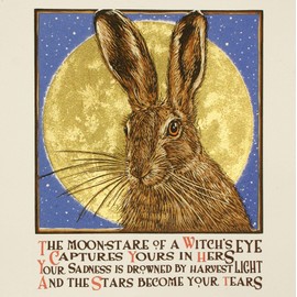 Brown Hare and Golden Moon themed greeting card, blank on the inside by Colin Blanchard. Brown fleck envelope included