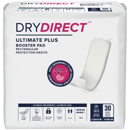 Dry Direct Ultimate Plus Incontinence Booster Pads, Adds 3 Cups Extra Absorbency to Adult Diapers, Super Soft, Adhesive Strip Backing, Unisex (Pack of 30 Pads)