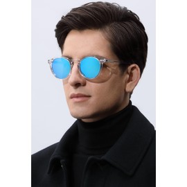 CARFIA Acetate Polarized Sunglasses for Men Retro Classic Round Shades Blue Mirrored