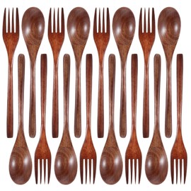 cobee Wooden Spoon and Fork for Eating,8Pcs Wood Dinner Utensil Set Handmade Reusable Kitchen Wooden Flatware Tableware Cutlery Set for Stirring Cooking Camping Party 9 Inch
