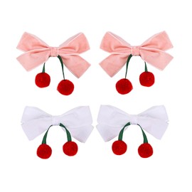 Velvet Ribbon Hair Bow Clips - 2 Pairs Cute Hair Bow Clips with Red Cherry Ball Handmade Alligator Barrettes Pins Bowknot Party Dress Decor Accessories for Girls (Pink/White)