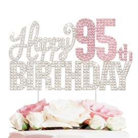 Nelbiirth Decoración para tartas con diamantes de imitación plateados y rosados de 95 años, diseño de «Cheers to 95th Birthday» de metal brillante para decoración de tartas.