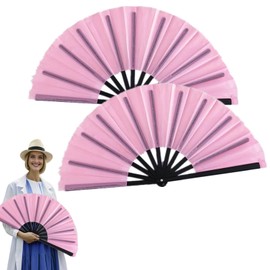 2pcs Folding Clack Hand Fans for Line Dancing Popping, Handheld Fan for women foldable, Boots On The Ground Fans for Chinese Kung Fu Tai Chi, 13-Inch Large Nylon-Cloth Vintage Retro Fabric, Light Pink