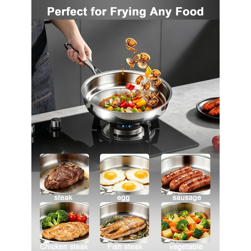 VENTION Tri-Ply Stainless Steel Frying Pans Set, 8”/10”/12” Induction Cooking