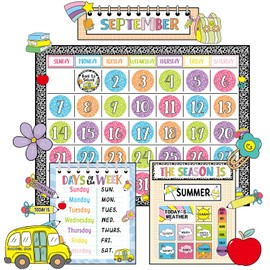 Classroom Calendar Bulletin Board Set for Back to School Bulletin Board Decoration Pencil Apple Seasons Weather Chart Composition Notebook Paper Cutouts for Teachers Elementary School Classroom